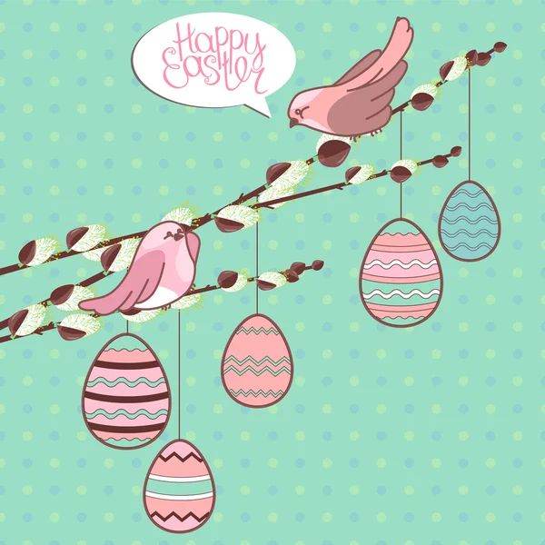 Tarjeta de felicitación con frase Feliz Pascua y huevos. Plantilla para su diseño festivo, anuncios, tarjetas de felicitación, carteles, publicidad . — Vector de stock