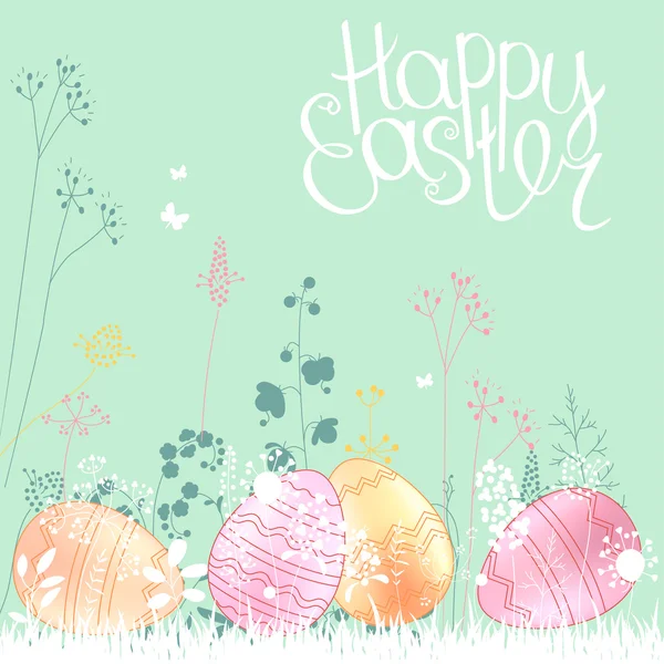 Plantilla abstracta floral con hierbas estilizadas y huevos pintados. Patrón .Easter para su diseño, tarjetas de felicitación románticas, anuncios, carteles . — Vector de stock