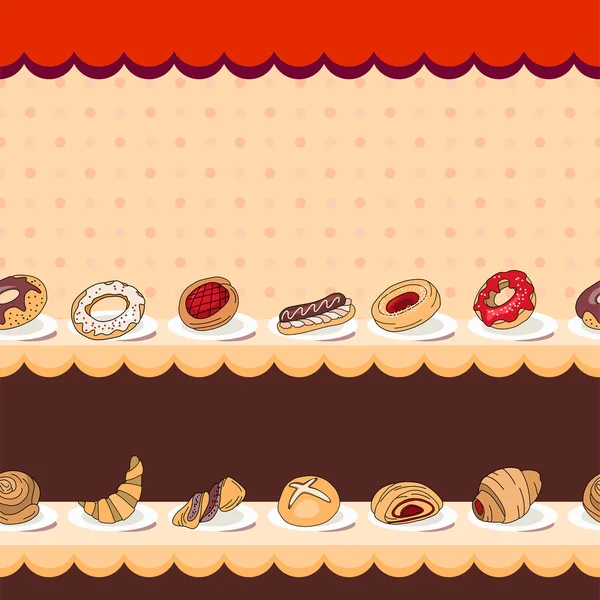 Seamless horizontal pattern with different kinds of pastry on counter. Endless horizontal texture for your design, announcements, postcards, posters, restaurant menu. — Wektor stockowy