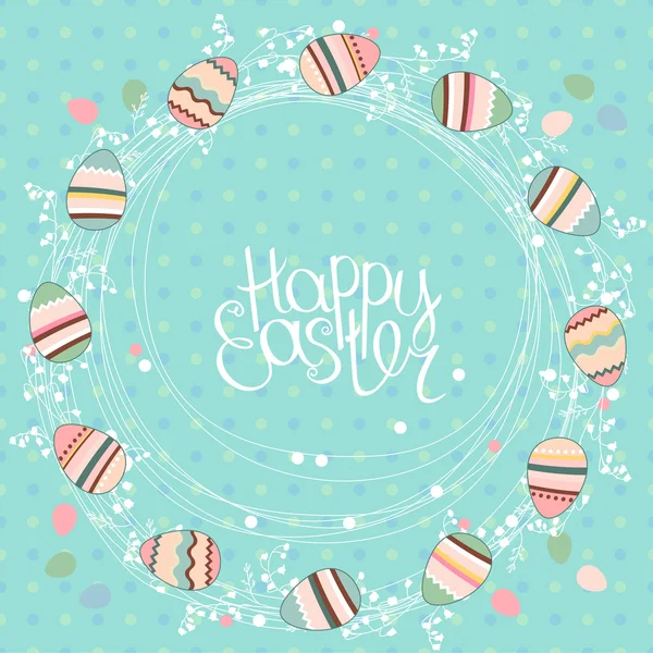 Easter wreath with stylized painted eggs. Round frame for your design, greeting cards, announcements, posters. — Stok Vektör