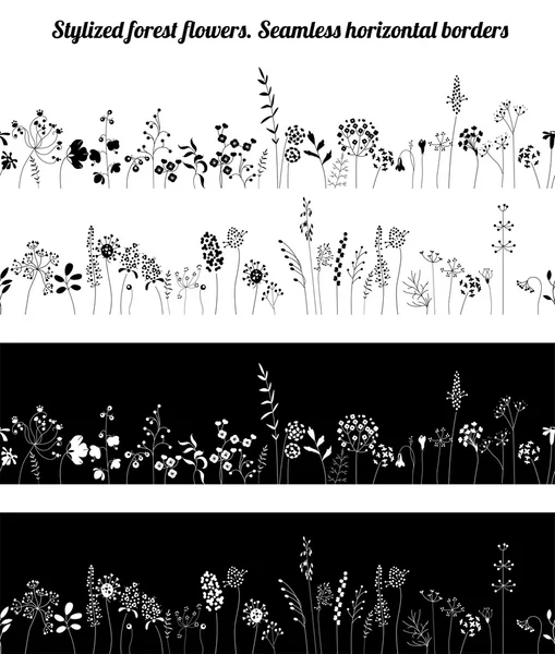 Seamless horizontal borders with stylized growing plants. Black  silhouette. Endless textures for your design, greeting cards, announcements, posters. — Wektor stockowy