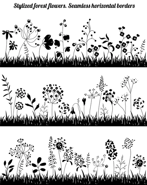 Seamless horizontal borders with stylized growing plants. Black  silhouette. Endless textures for your design, romantic greeting cards, announcements, posters. — 스톡 벡터