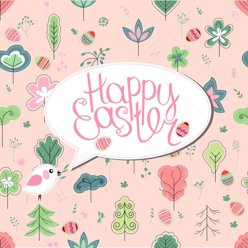 Greeting card with phrase Happy easter and spring trees. Template for your festive design, announcements, greeting cards, posters, advertisement. Background is seamless.