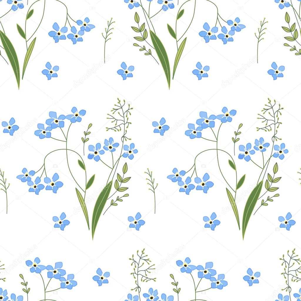 Seamless spring pattern with blue flowers forget me nots. Endless texture for your design, greeting cards, announcements, posters.