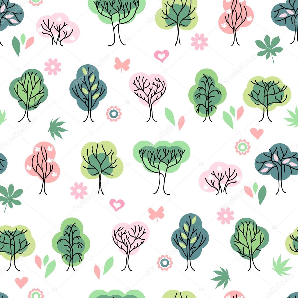 Seamless pretty pattern with stylized cute trees. Endless texture for your design, announcements, greeting cards, posters, advertisement.