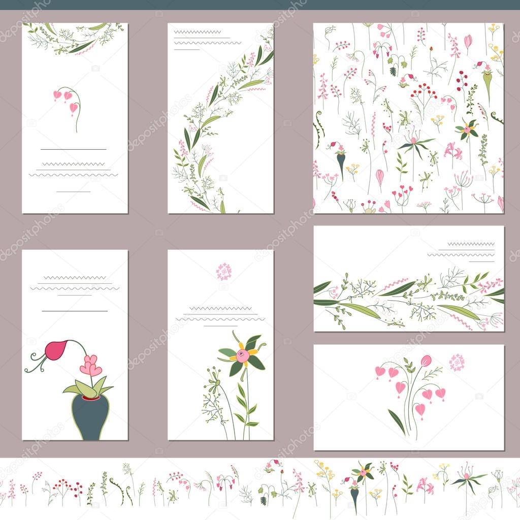 Floral templates with herbs and forest plants. For sring and summer design, announcements, greeting cards, posters, advertisement.