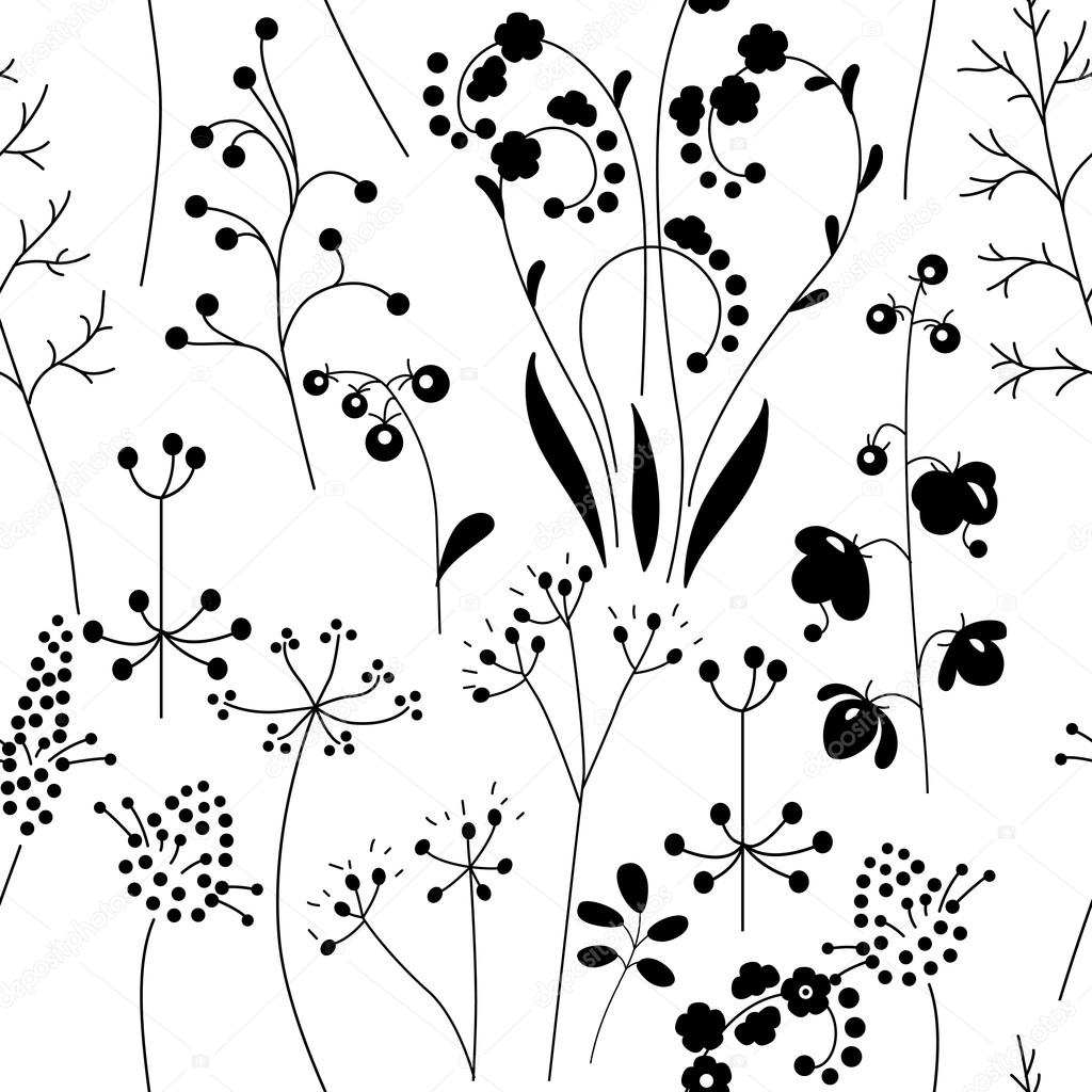 Seamless pattern with stylized herbs and plants.  Black and white silhouette. Endless texture for your design, romantic greeting cards, announcements, fabrics.