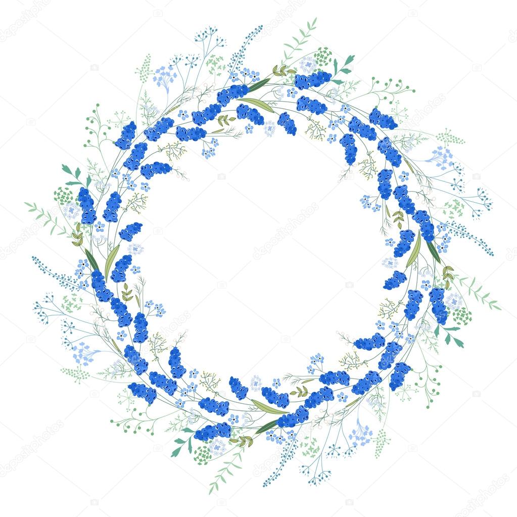 Detailed contour wreath with muscari and herbs isolated on white. Round frame for your design, greeting cards, announcements, posters.