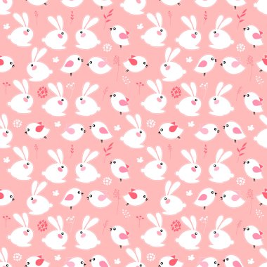 Seamless pattern with easter rabbits, birds and floral elements. Endless texture for easter design, announcements, greeting cards, posters, advertisement.