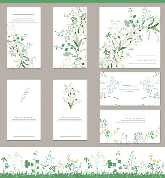 Floral spring templates with cute bunches of snowdrops. Endless horizontal  pattern brush. For romantic and easter design, announcements, greeting cards, posters, advertisement. — Stockvector