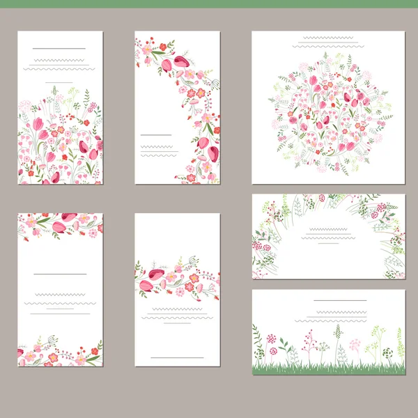 Floral spring templates with cute bunches of red tulips. For romantic and easter design, announcements, greeting cards, posters, advertisement. — Stock Vector