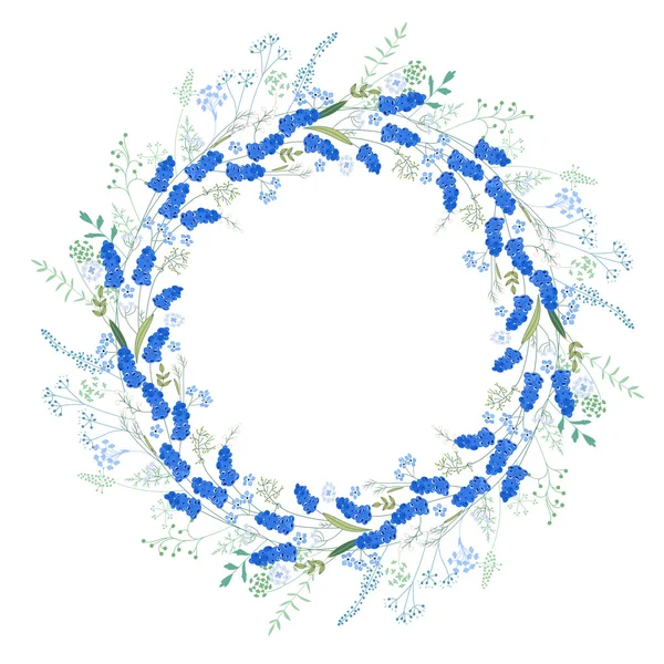 Detailed contour wreath with muscari and herbs isolated on white. Round frame for your design, greeting cards, announcements, posters. — 스톡 벡터