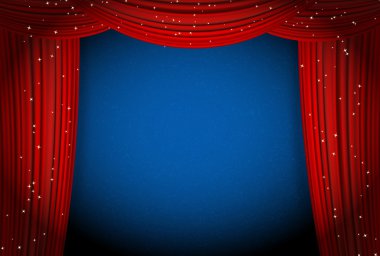 parlak yıldız ile mavi arka plan üzerinde kırmızı perdeler