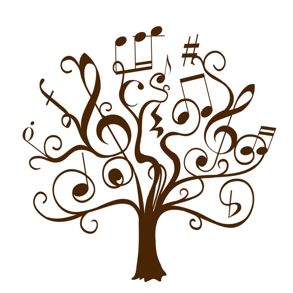 Arbre dessiné à la main avec des brindilles bouclées avec des notes musicales et des signes — Image vectorielle