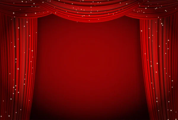 Red curtains on red background with glittering stars — Stock Vector