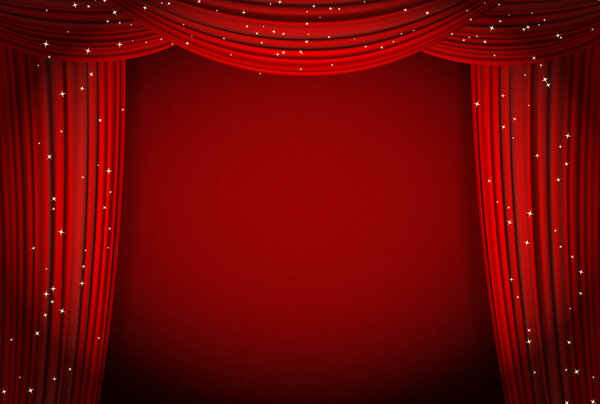 red curtains on red background with glittering stars