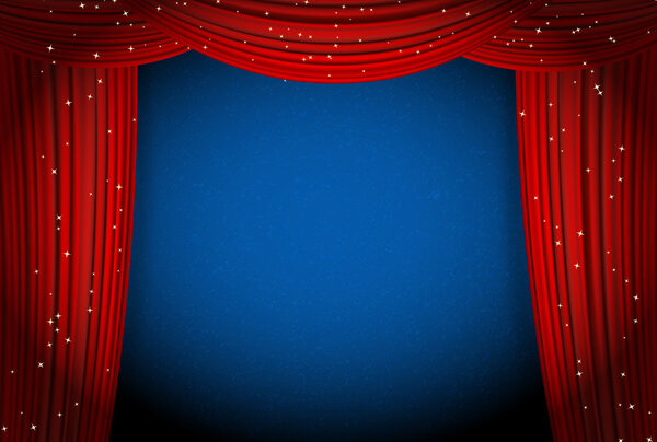 red curtains on blue background with glittering stars