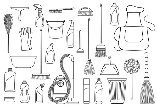 Set van schoonmaakproducten. Instrumenten van de housecleaning. Vector zwart een — Stockvector