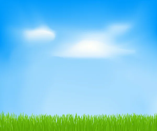 Fondo de primavera abstracto con cielo, nubes, hierba verde. Vector — Vector de stock