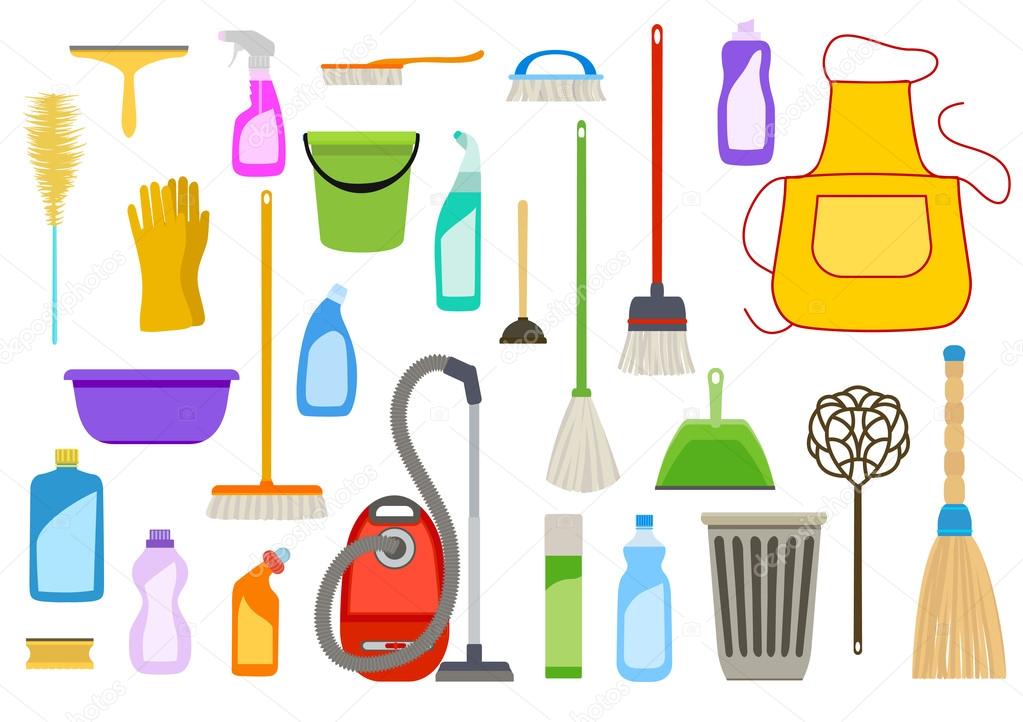Set of cleaning supplies. Tools of housecleaning on white. Vecto