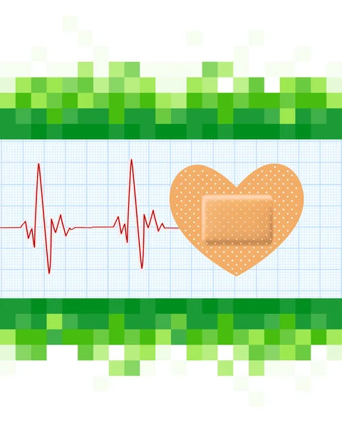 Heart shape medical plaster and cardiogram on mosaic green backg — Stock Vector