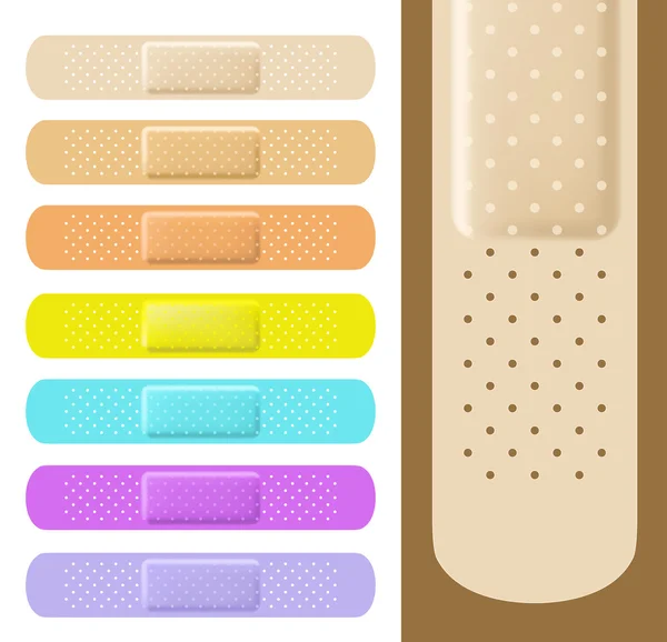 Uppsättning av medicinska plåster med olika färger. Självhäftande bandage. — Stock vektor