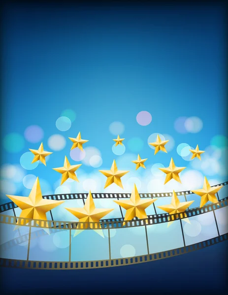 Kino blauer Hintergrund mit Filmstreifen und goldenen fliegenden Sternen. — Stockvektor