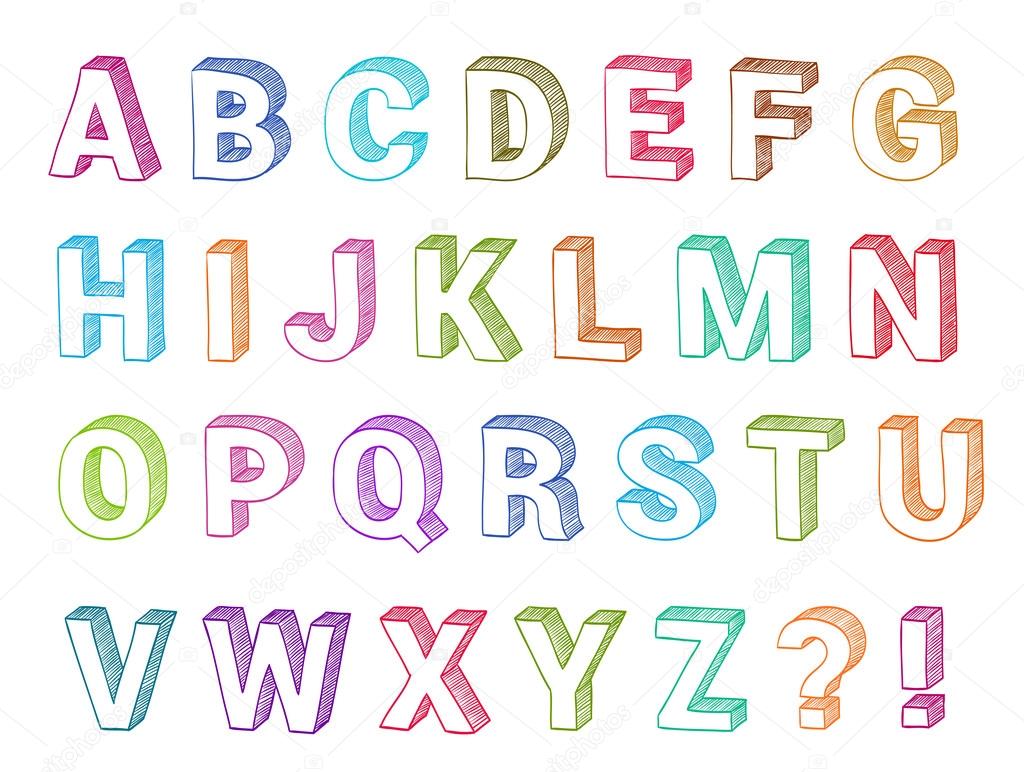Alphabet set 3d form hand drawn vector. Sketch font for school a