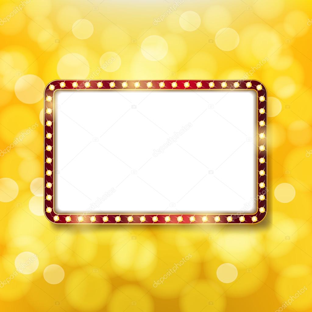 Golden retro frame with light bulbs on golden background. Advert