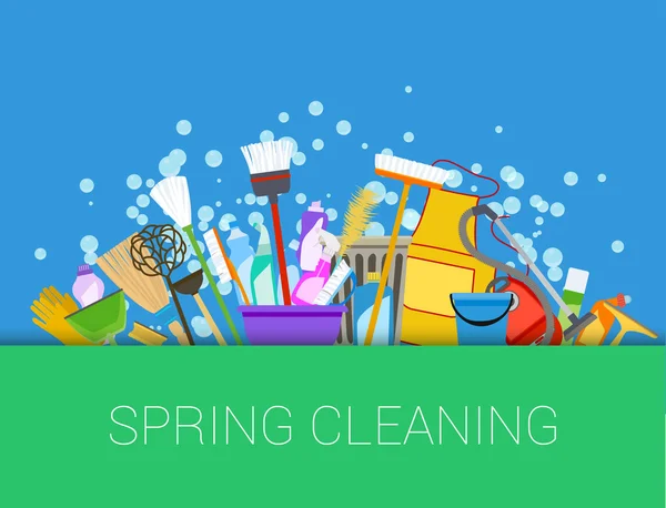 Spring cleaning background. Set of cleaning supplies. Tools of h — Stock Vector