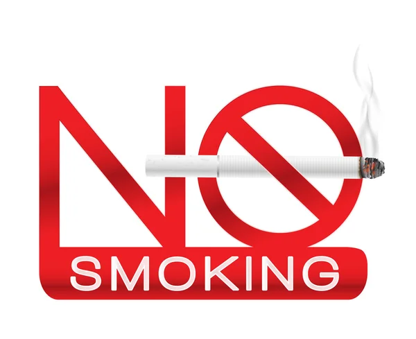 No fumar etiqueta del signo con el cigarrillo blanco realista con el humo . — Vector de stock