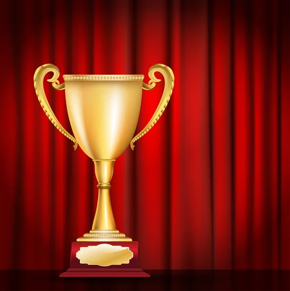 Trophy Arany Kupa háttér piros függöny. vektoros illusztráció — Stock Vector