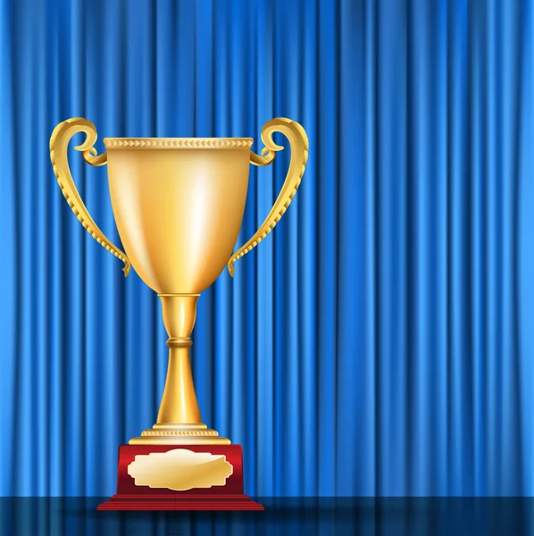 Trophy Arany Kupa, a háttér kék függöny. vektoros illustratio — Stock Vector