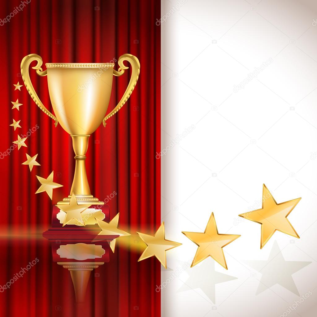 Golden sports cup on red curtain background with stars. vector i
