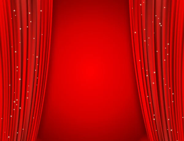 Red curtains on red background with glittering stars — Stock Vector