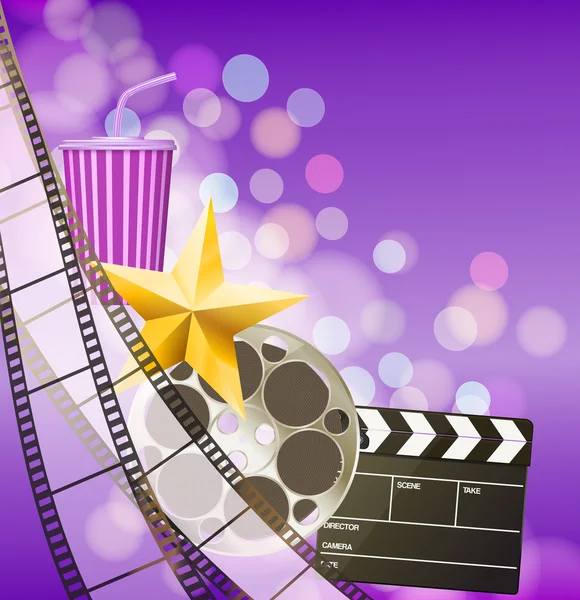 Fond de cinéma avec bande de film, étoile dorée, tasse, clapperboard — Image vectorielle