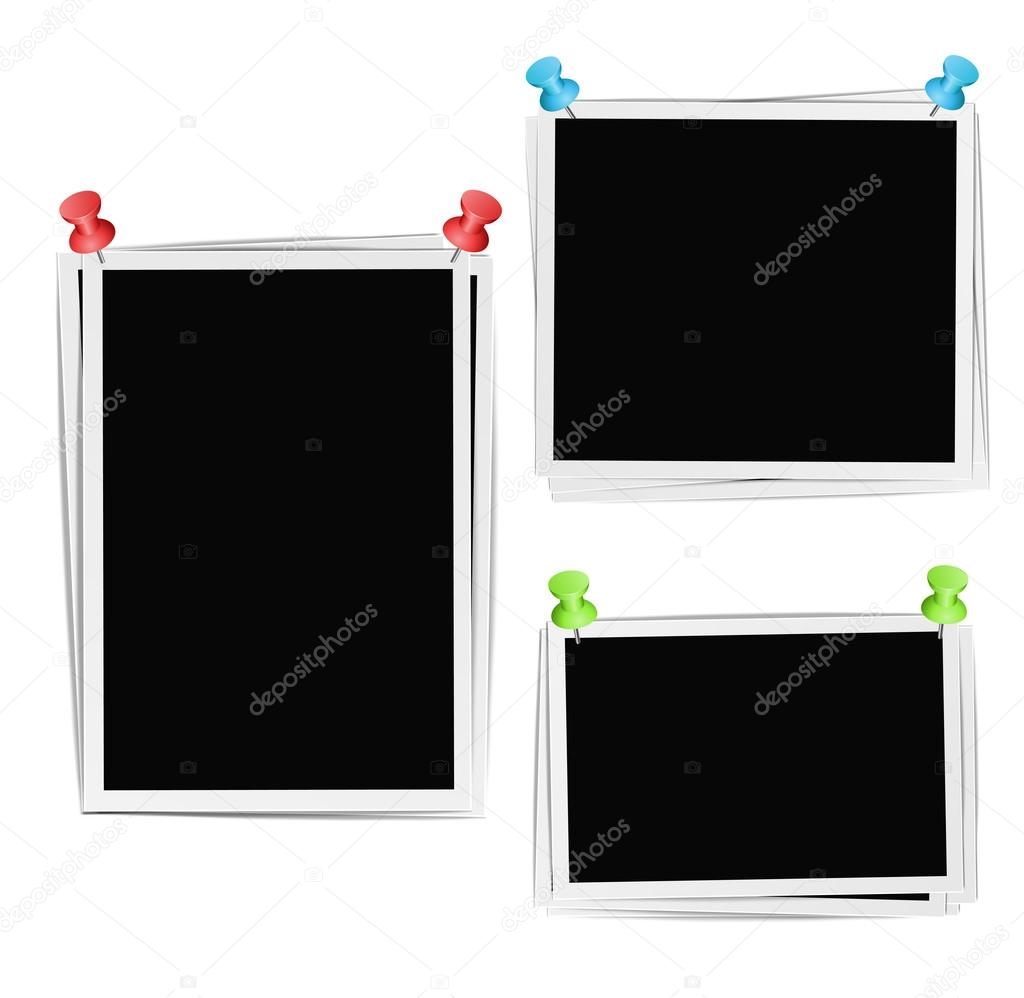 Photo frames composition with pushpins on white background. Vect