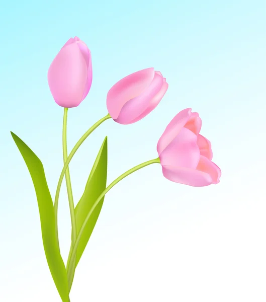 Soft pink tulips on light blue sky spring background. Vector — Stockvector