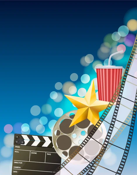 Cinema bakgrund med filmremsan, golden star, cup, SYNKRONKLAPPA — Stock vektor
