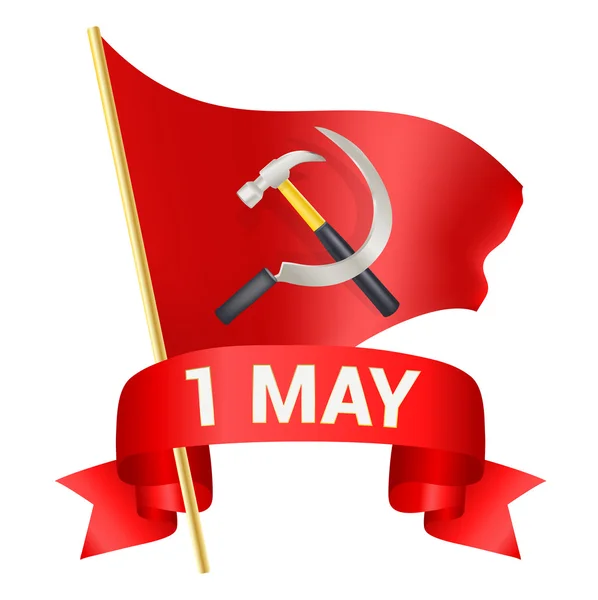 Εικονογράφηση χαιρετισμού ημέρας 1η Μαΐου με κόκκινη σημαία, Χάμερ και άρρωστο — Διανυσματικό Αρχείο