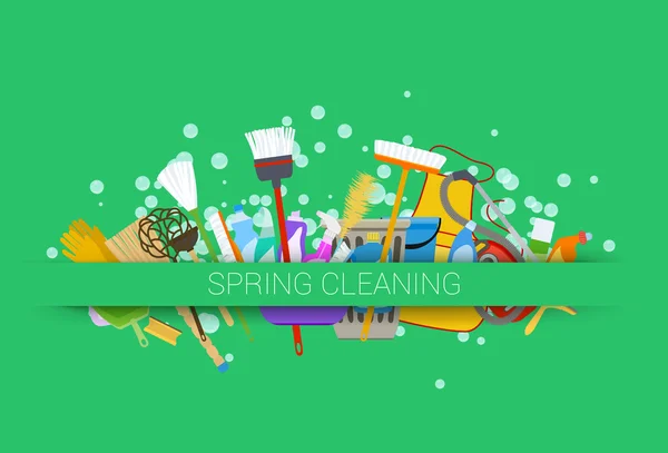 Spring cleaning supplies green background. tools of housecleanin — Stock Vector