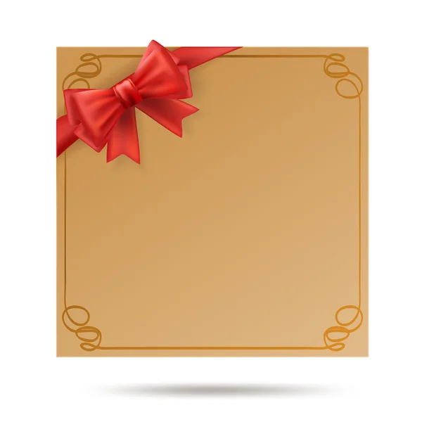 บัตรของขวัญพร้อมกรอบหมุนสีทองและริบบิ้นสีแดง ธนูสีแดง — ภาพเวกเตอร์สต็อก
