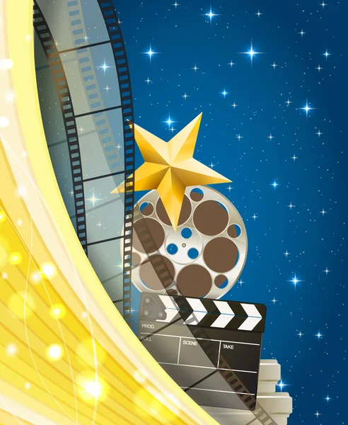 Fond de cinéma avec bande de film rétro, applaudisseur et étoile isoler — Image vectorielle