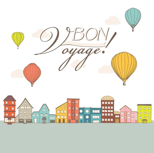 Balões de ar quente voando sobre casas da cidade vintage com Bon Voyage — Vetor de Stock