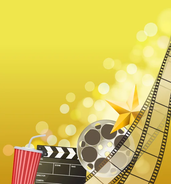 Fond de cinéma avec bande de film, étoile dorée, tasse, clapperboard — Image vectorielle
