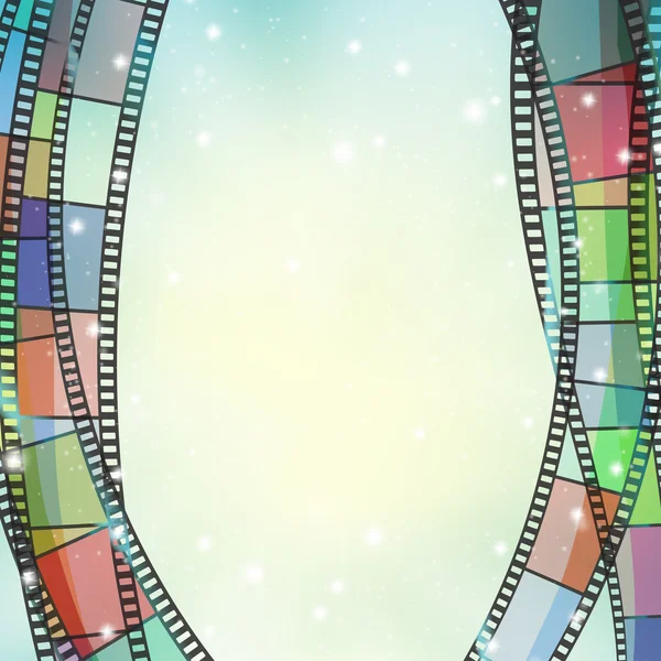 Cinema background with color film strips and glittering stars — Stock Vector