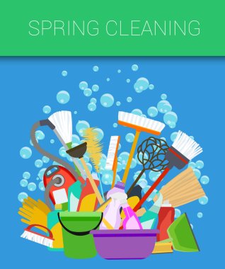 Spring cleaning background. Tools of housecleaning. Vector