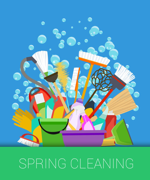Весенняя уборка фона. Комплект чистящих средств. Вектор
