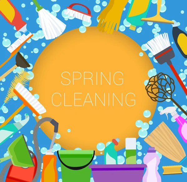 Primavera pulizia forniture telaio su arancione e blu. Strumenti di hous — Vettoriale Stock
