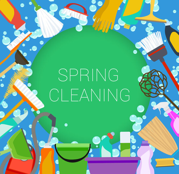 Весенние расходные материалы для уборки выполнены в зеленом и синем цветах. Инструменты дома
